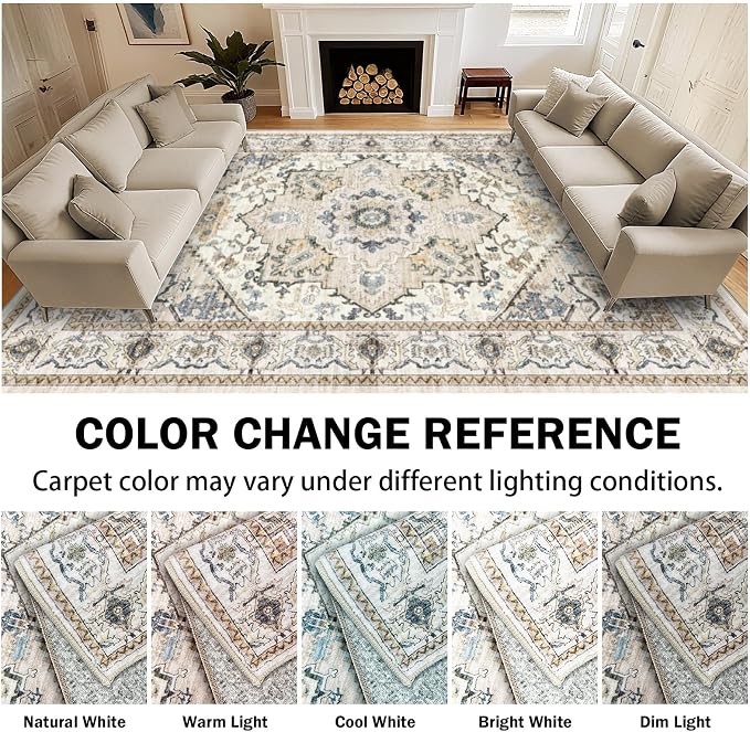 AooHHooA Washable 9x12 Boho Beige Area Rug for Living Room, Soft Stain Resistant Non-Slip 9x12 Boho Vintage Area Rugs, Large Low Pile Lightweight Area Rugs for Living Room Bedroom Dining Room