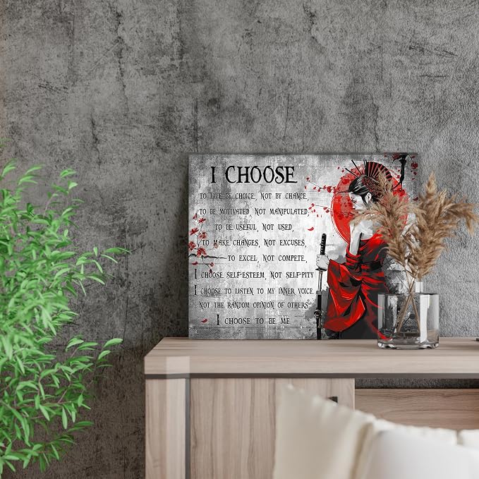 Motivational Japanese Samurai Wall Art Samurai Women Red Moon Canvas Wall Decor Inspirational Quotes I Choose Pictures Print Paintings Framed Artwork Home Decor For Office Living Room Gym 20x24 Inch
