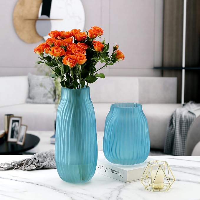 Frosted Blue Ribbed Glass Vase 8in Boho Elegant Decorative Vases for Home Flowers Arrangements, Centerpieces, Dinner Table and Modern Decor