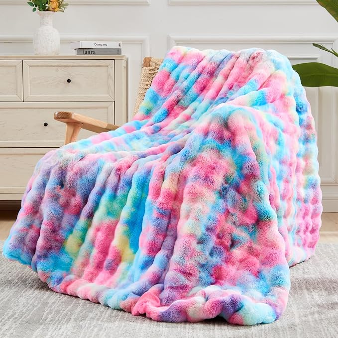 NEWCOSPLAY Faux Fur Bubble Throw Blanket for Couch, Dark Rainbow, 50"x60" | Fluffy Soft Thick Warm Bubble Blanket for Couch Sofa Bed 700GSM, Plush Cozy Luxury Decorative Throw, Gift for Women Men