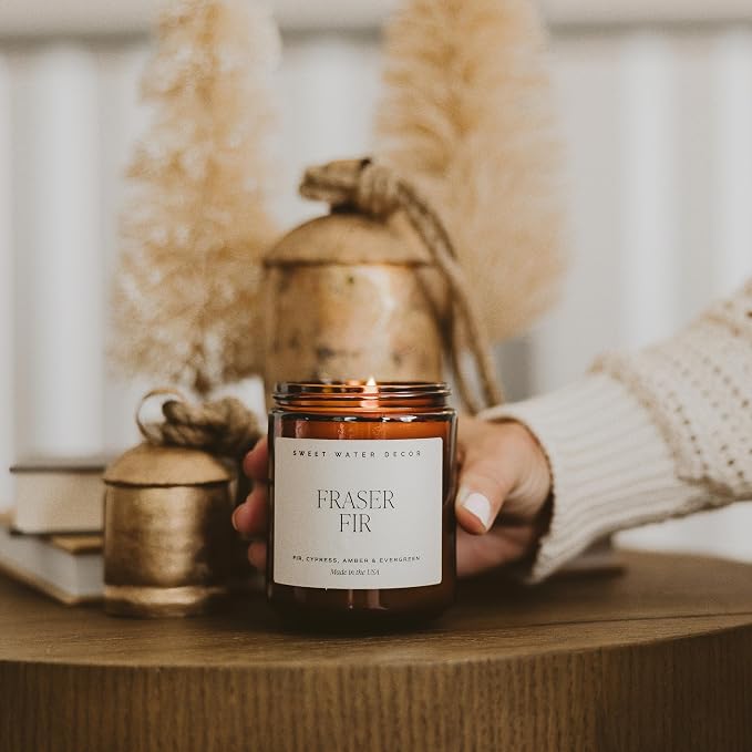 Sweet Water Decor Fraser Fir Candle, 9oz Amber Glass Jar, Winter Scent | Fir, Cypress, Amber & Evergreen Scented Candle, 40+ Hour Burn Time, Black Lid, Non-Toxic Soy Wax, Stocking Stuffer