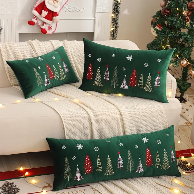 Christmas Embroidery Throw Pillow Covers 14 x 36 inch Christmas Dec Velvet Pillowcases Forest Green Xmas Tree Cushion Pillow Cases Soft Lumbar Holiday Pillowcase(1 Piece)