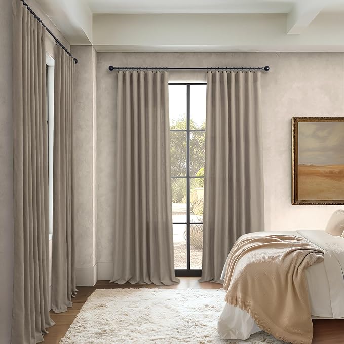 Pitalk Taupe Linen Curtains 63 Inch Length 2 Panels Soft Thick Linen Textured Window Drapes for Bedroom Living Room Semi Sheer Light Filtering Burlap Look Decor 52x63 Long Back Tab Rod Pocket Pleated