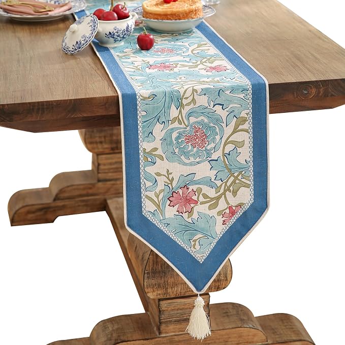 Patdrea Designer Vintage French Linen Table Runner,12"X118"-from | Tablerunner 118 Inches Long,Elegant Blue Floral Pattern,Thanksgiving Dining Table Decor for Living Room Banquet