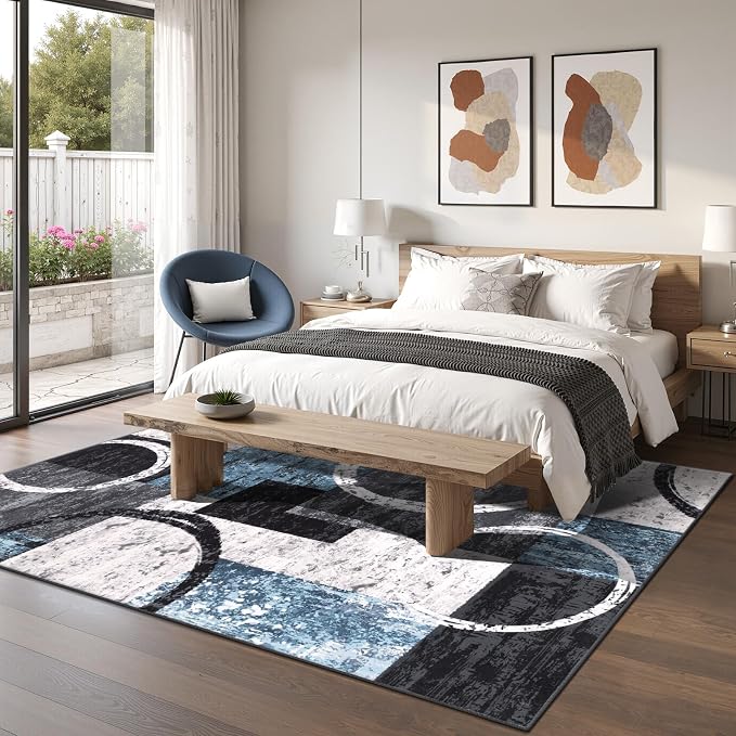 Yamaziot 5x7 Washable Modern Abstract Area Rug Non-Slip Living Room Rug | Stain Resistant, Low Pile, Ultra Soft Carpet Rug with Rubber Backing for Dining Room, Nursery, Bedroom, Office, Blue