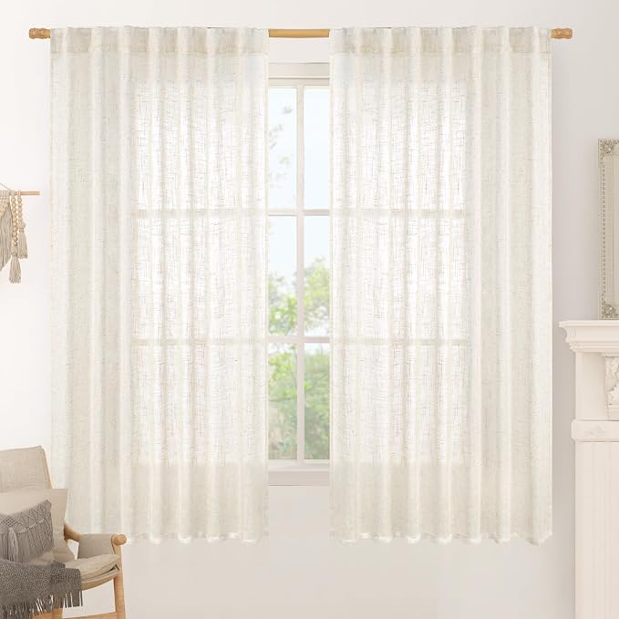 Light Filtering Linen Curtains 63 inches Long for Bedroom 2 Panels | Faux Linen Textured, Semi Sheer, Privacy Boho Drapes for Living Room, Window, Rod Pocket Back Tab, Cream, 60 x 63 Inch