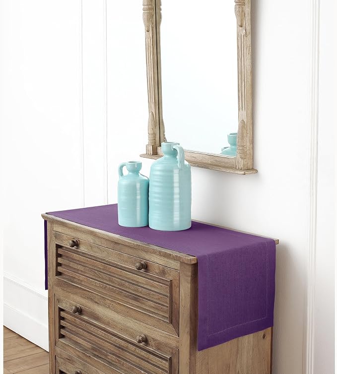 Solino Home 100% Linen Table Runner Purple, Classic Hemstitch 14 x 60 in | brings a tailored look to family meals and hosting, hemstitched border, mitered corners, machine washable, OEKO-TEX Certified