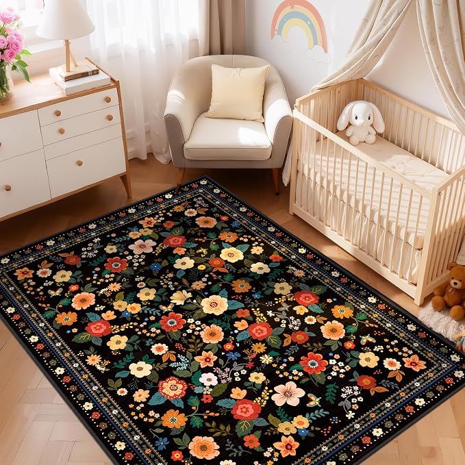 Washable Floral Area Rug for Living Room 5x7 Black | Non-Slip，Vacuum-Friendly, Low Pile, Flower Carpet for Bedroom Kitchen Entryway Dining Room Office Nursery