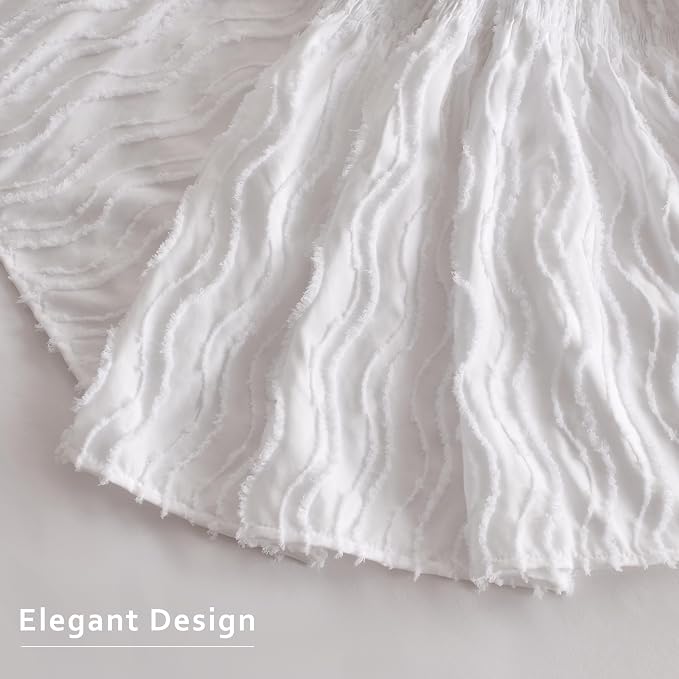 MIYE Wrap Around Ruffled Lace Bed Skirt, Elastic Dust Ruffle with Adjustable Belts, Easy to Put On, Bed Frame Cover, Machine Washable (Wavy/White, King/Queen-12.5" Drop)