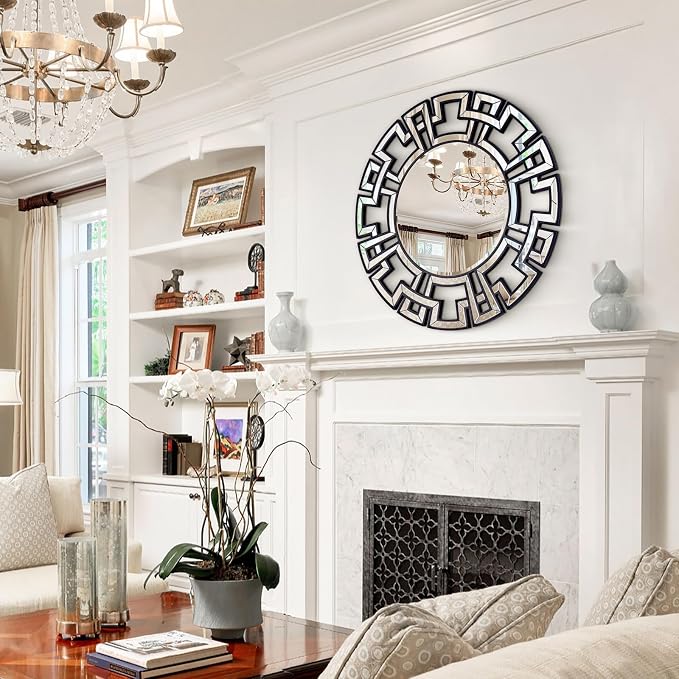 Black Mirrors for Living Room Decor, 32'' Large Round Mirror with Beveled Edge Glass, Modern Decorative Wall Mirror for Dining Room, Entryway, Bedroom, Fireplace