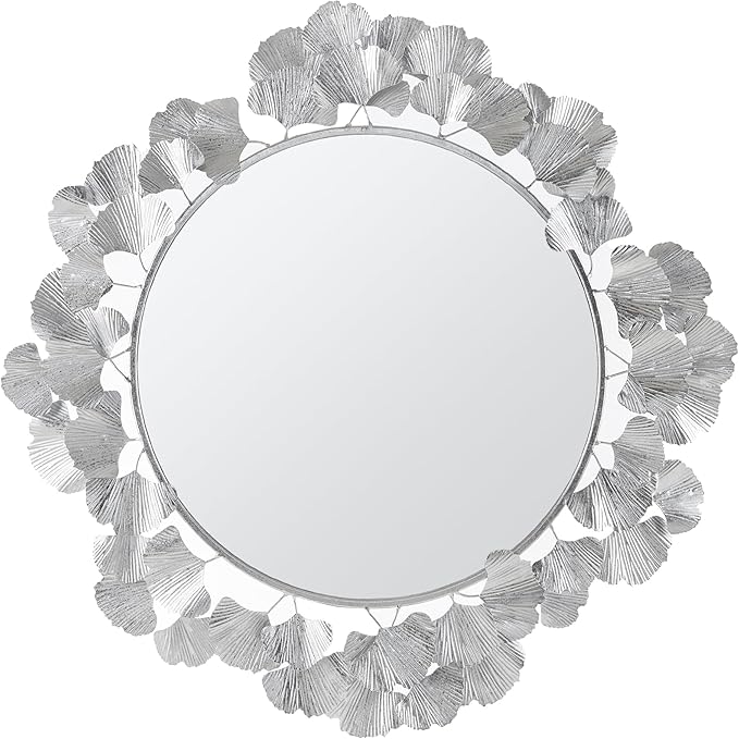 Martha Stewart Wall Décor Large Gingko Leaf Round Wall Mirror for Living Room, Iron Metal Plate Frame Antique Finish, Ready to Hang Bedroom Decoration, Eden, 30.5", Silver