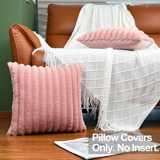 COTEY 24x24 Decorative Faux Fur Throw Pillow Covers Set of 2- Pink
