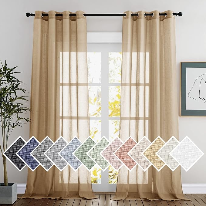 NICETOWN Natural Linen Blend Semi Sheer Curtains, Grommet Top Bedroom Window Privacy with Light Penetration Flax Sheer Drapes for Living Room/Bedroom, Camel, W52 x L108, 2 Panels
