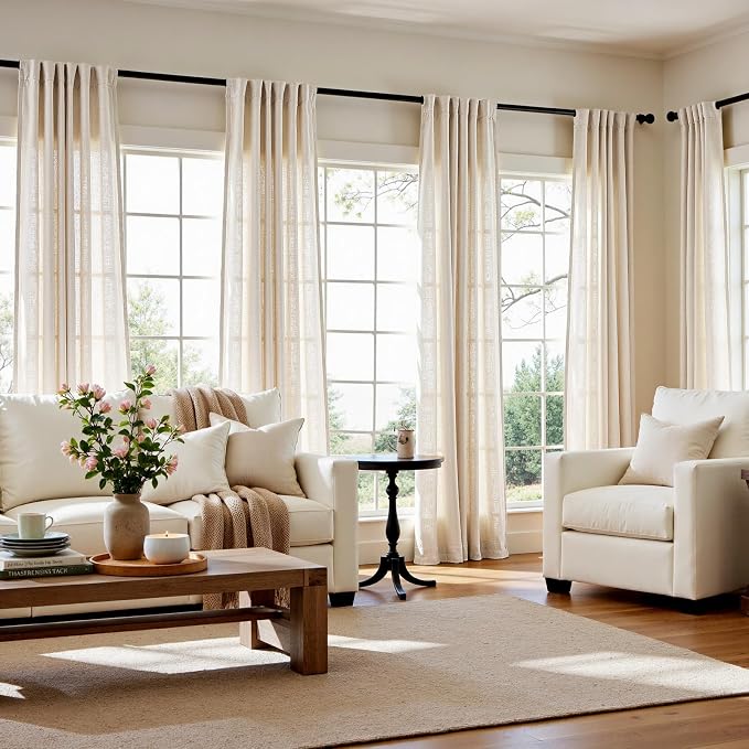 jinchan Linen Curtains Light Filtering Back Tab 50x120 Inch 2 Panels Beige | Semi Sheer Curtains 120 inch length for Bedroom Living Room, Modern Farmhouse Drapes with Rod Pocket, Natural Boho Curtains
