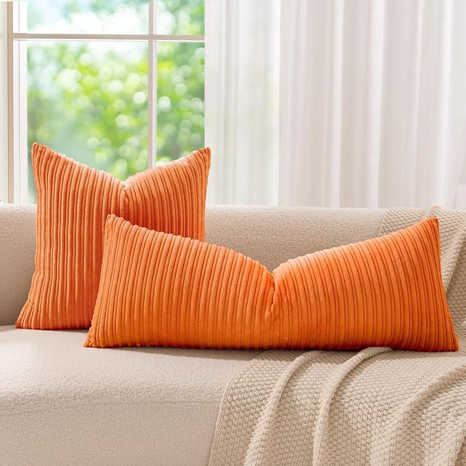 Kevin Textile Striped Corduroy 14”x36” Pillow Cover 1 Pack, Orange