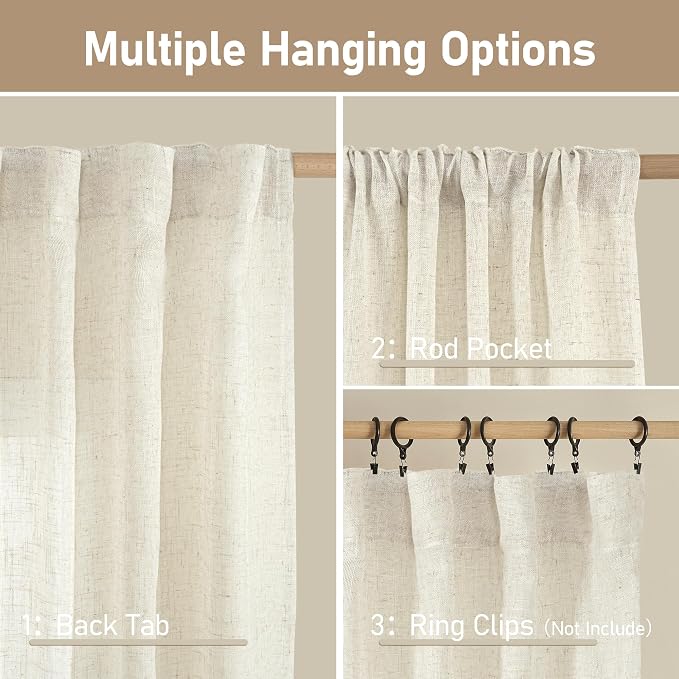 Ivory 90 Inches Long Linen Semi Sheer Curtains for Living Room | Light Filtering Boho Panels, Rod Pocket Back Tab, Natural Curtains, Bedroom, Dining Room, Farmhouse, 52 x 90 Inch, 2 Panels