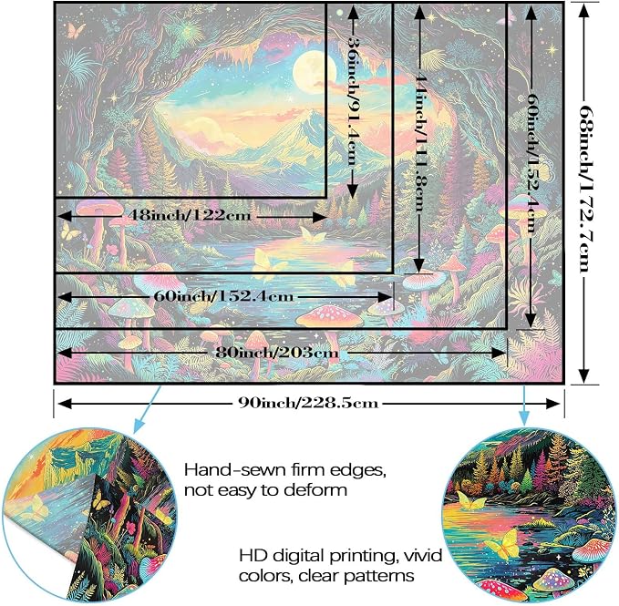 Zussun Blacklight Mushroom Forest Tapestry UV Reactive Nature Mountain Moon Butterfly Tapestry for Bedroom Aesthetic Landscape Large Tapestries Wall Hanging for Dorm Living Room Decor 80 x 60 Inch