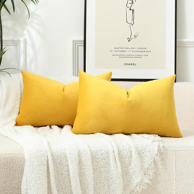 Stellhome Rectangle Velvet Pillow Covers Decorative Cushion Covers for Bed Couch Sofa Bench, 12 x 20 inch (30 x 50 cm), Yellow, Pack of 2