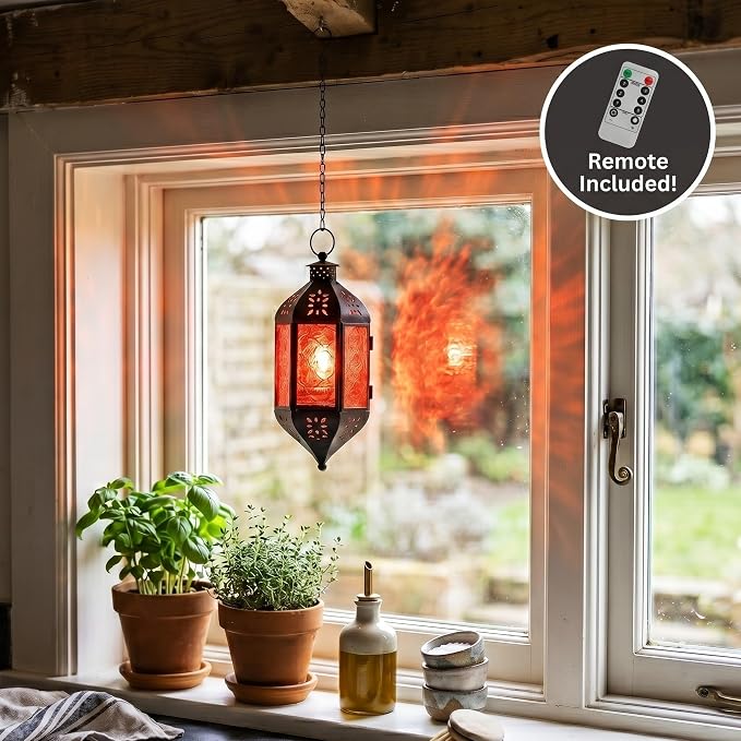 Vela Lanterns Hanging Moroccan Lantern with LED Twinkle Fairy Lights - Exotic Decorative Patio & Porch Decor, Indoor Outdoor Candle Lamp Holder with Chain (13" Large, Amber Glass)