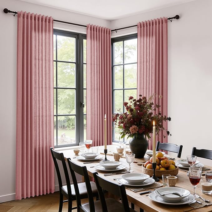 Extra Long Linen Curtains 120 Inches for Living Room Back Tab Semi Sheer High Floor to Ceiling 10ft Light Filtering Curtain Boho Farmhouse Window Drapes for Bedroom 2 Panels Canyon Rose