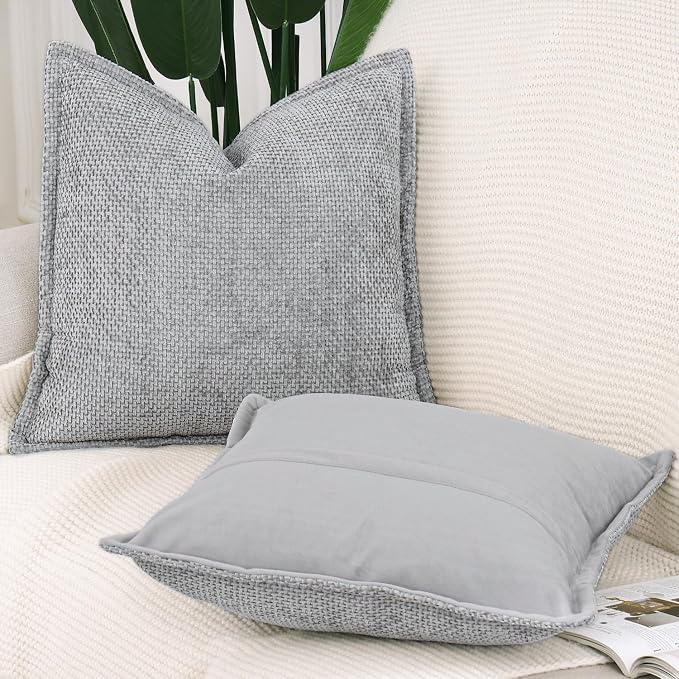 MADIZZ Decorative Chenille Velvet Throw Pillow Covers Set of 2 Soft Boho Textured Neutral Couch Throw Pillow for Bed Modern Farmhouse Home Decor for Sofa Livingroom Grey 16x16 Inch