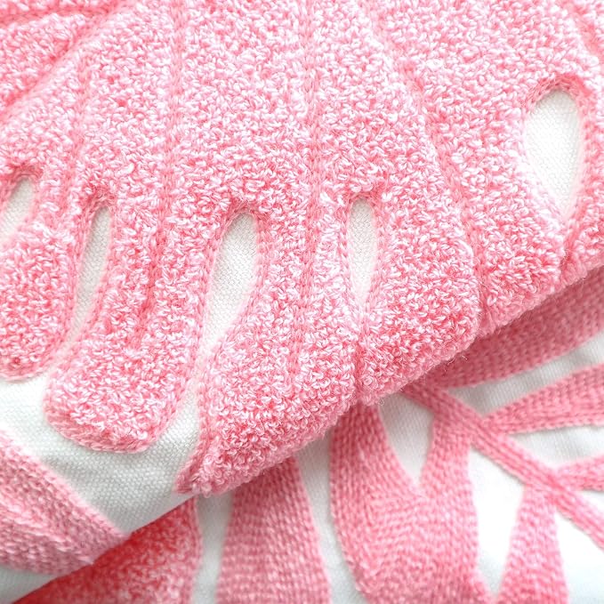 Embroidery Throw Pillow Cover 18x18 Home Decor Floor Pillow Cover for Couch Sofa Chair 100% Cotton Loop Embroidered Pink Tropical Leaves Cushion Cover Square Pillowcase 45x45cm, 1 Piece