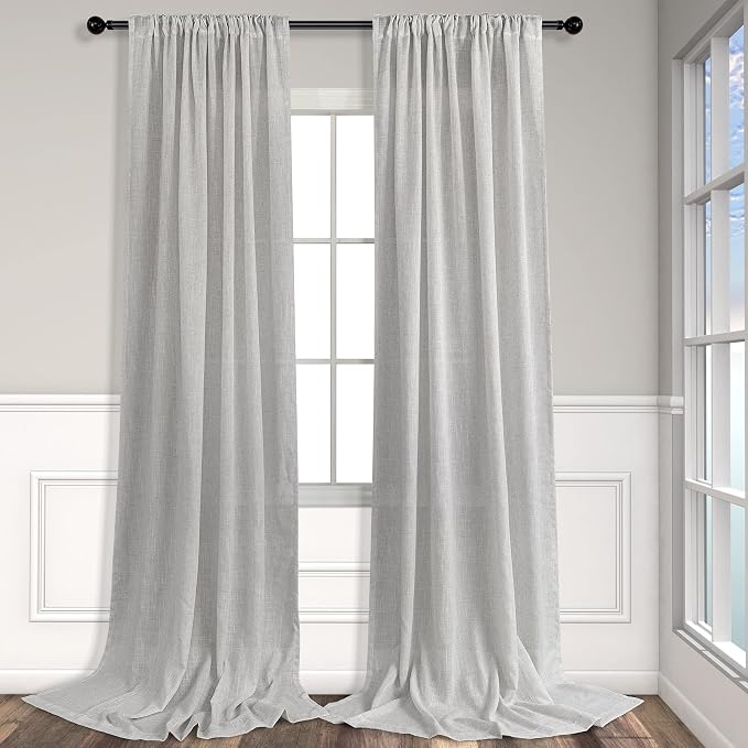 Light Grey Curtains 96 Inches Long for Living Room 2 Panels Back Tab Pocket Airy Flowy Lightweight Semi Sheer Linen Gray Curtains for Boys Bedroom Dining Country Chic Decoration 52x96 Inch Length 8 FT