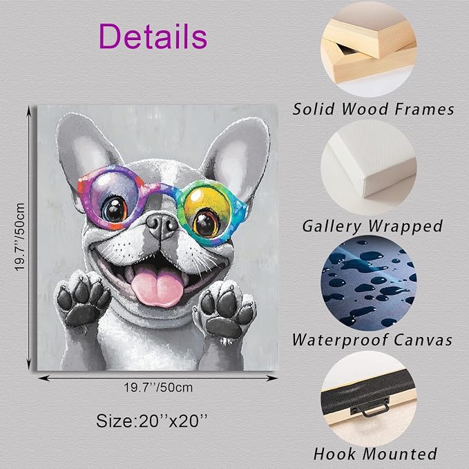 Ypxzzj Cute Dog with Glasses Canvas Wall Art,Funny Bulldog Decor Wall Art Pictures Painting Posters Artworks for Children's room Bedroom Living room Decor Framed Ready to Hang