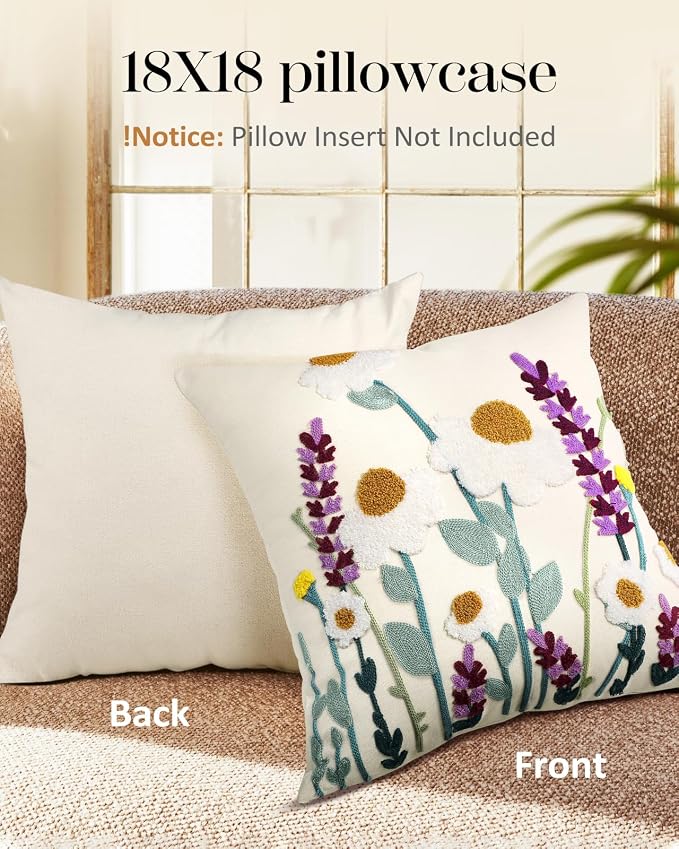 Embroidered Throw Pillow Cover - 18x18 Decorative Pillow Cover with Zipper Aesthetic Cute Design Boho Spring Summer Throw Pillowcase for Living Room Couch Sofa Bed, Wild Floral