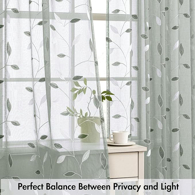MIULEE Sage Sheer Curtains 2 Panels Embroidered Leaf Patterned, W52 x L96 | Embroidered Floral Semi Sheer,Rod Pocket,Faux Linen,Short Window Curtains Drapes Set for Kitchen/Bathroom/Cafe