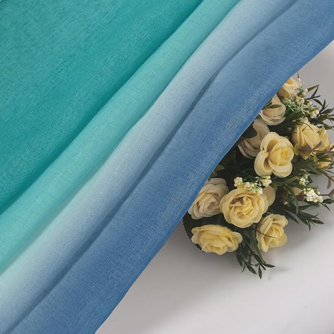 DWCN Ombre Sheer Curtains - Faux Linen Semi Voile Grommet Top Gradient Curtains for Bedroom and Living Room, Set of 2 Window Curtain Panels, 52 x 84 Inch Length（Denim Blue and Teal