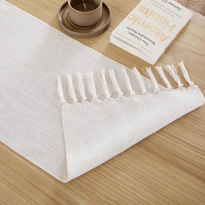 Cotton Linen Table Runner, 13x108 Inch, Off White with Hand Tassels | Linen Style Rustic Farmhouse Table Runners 108 Inches Long for Home Dresser Kitchen Dining Table Decor, Machine Wash
