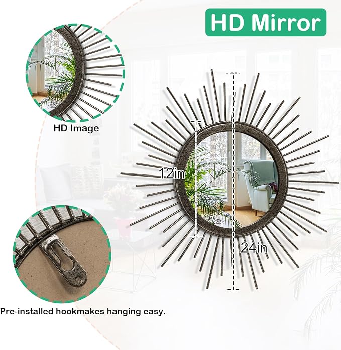 Large Sunburst Wall Mirror, Round Home Modern Metal Art Mirror for Bathroom Living Room Hallway Bedroom Balcony Farmhouse 24" x 24"