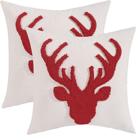 LUOYEHK Christmas Red Reindeer Pillow Covers 18x18 Set of 2 Farmhouse Rustic Throw Pillows Winter Holiday Merry Christmas Cushion Covers for Couch Sofa Bed