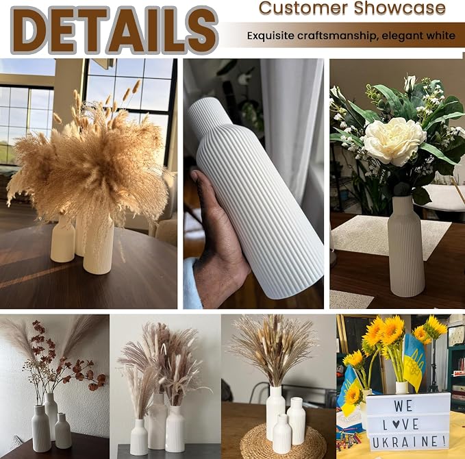 Colorful Ceramic Vases Set of 3, Matte Round Vertical Ribbed,Minimalist for Pampas Dried & Fresh Flowers, Centerpiece for Living Room, Shelf, Entryway, Wedding (Pink, Blue, Yellow)