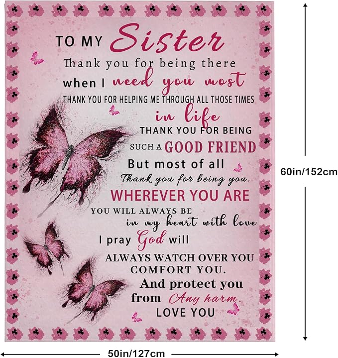 Sister Blanket, Sister Birthday Gifts Butterfly, Christmas Birthday Gifts for Sisters from Sisters Adult, Present for Sis, Soft Lightweight Flannel Throw Blanket for Couch Sofa Bed, 60"x50"