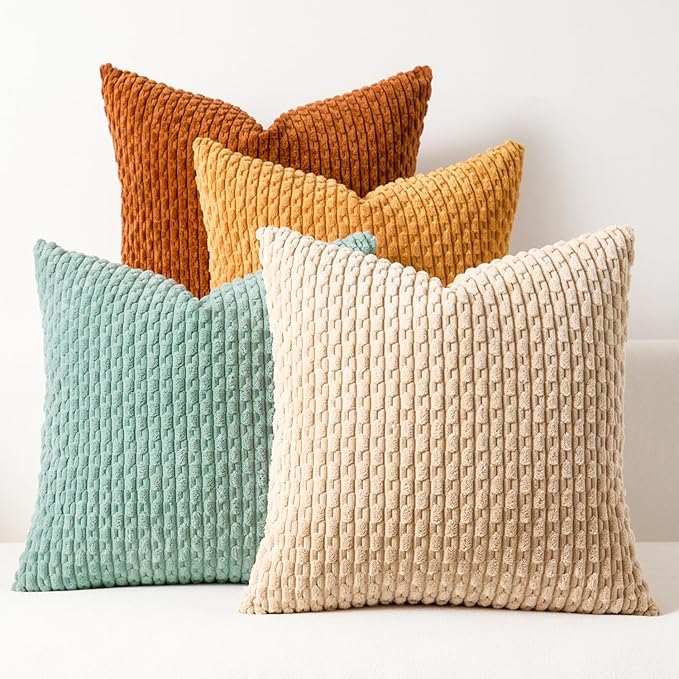 Kevin Textile Decorative Pillow Covers 18x18 Inch Set of 4 Soft Boho Corduroy Throw Pillow Cases Mix and Match Colors Plush Texture Throw Pillows for Sofa Couch Bedroom Home Decor Orange/Teal