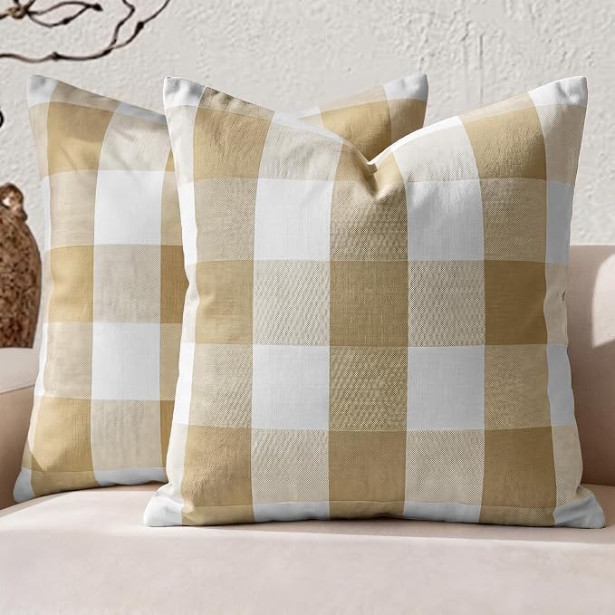 CARRIE HOME Brown Buffalo Check Plaid Couch Pillow Covers 18x18 Set of 2, Neutral Modern Farmhouse Dark Brown Khaki Tan Throw Pillows 18 x 18 for Living Room Sofa (No Pillow Inserts)