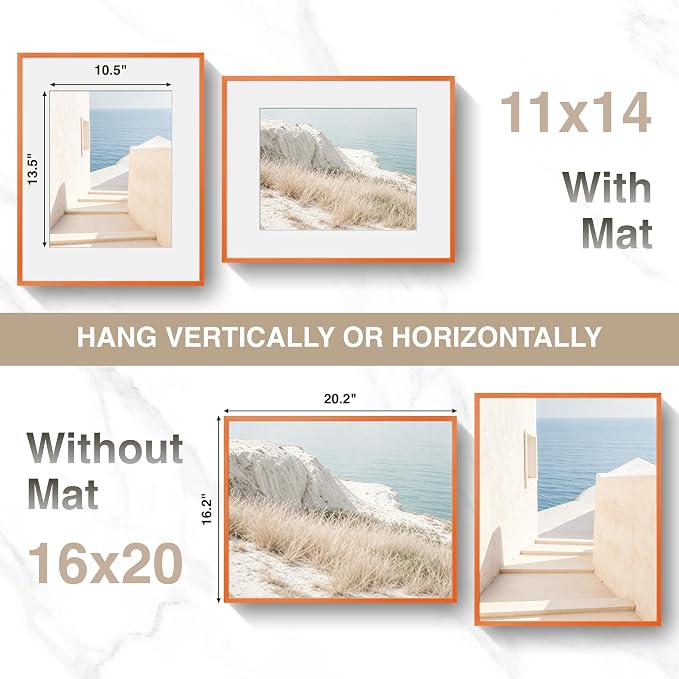 Fun Memories 16x20 Metal Picture Frame with 11x14 Mat, Brushed Aluminum Finish, Tempered Glass Front, and Attached Hanging Hardware(Orange, Pack of 1)