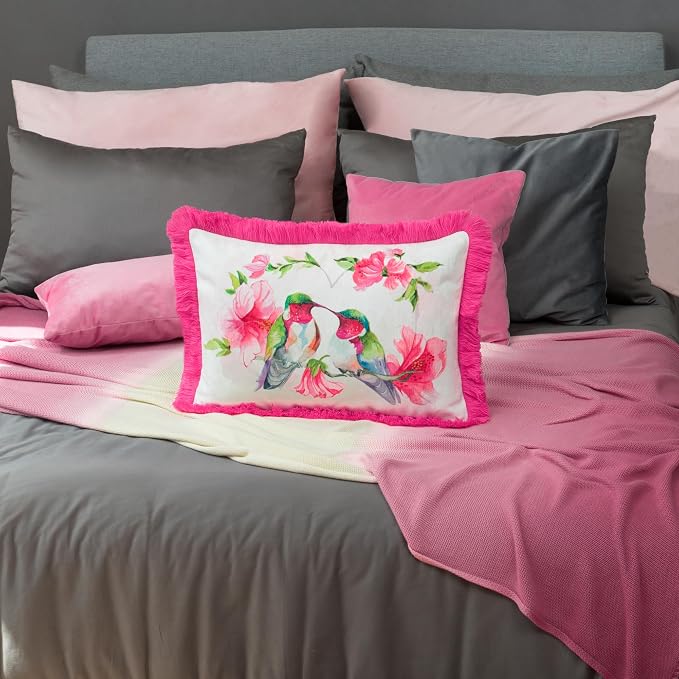 JWH Hot Pink Flower Print Pillow Cover Decorative Love Birds Accent Cushion Lumbar Pillowcase with Hummingbirds and Fringe for Home Couch Car Bed Living Room Chair 14x20 Inches Beige