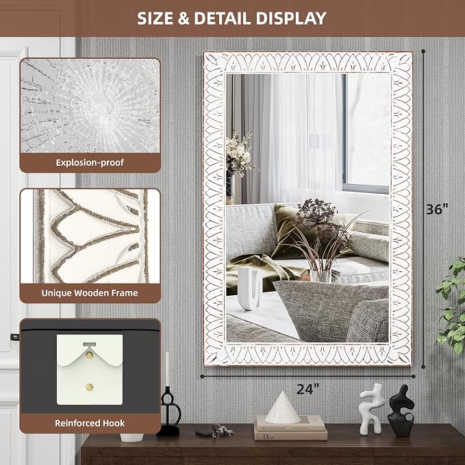 36x24 Inch Farmhouse Rectangle Wall Mirrors with Wooden Frame | Rustic Decorative Rectangular Mirror for Living Room, Bedroom, Bathroom, Entryway - Vertical/Horizontal Hanging