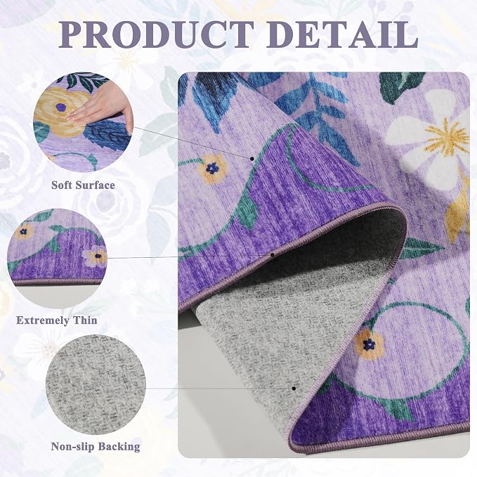DUKINO 3x5 Area Rug, Floral Washable Rug for Bedroom Non Slip, Purple | Soft, Stain Resistant Low Pile Indoor Rug for Entryway, Bedroom, Bathroom, Living Room, Pet Friendly, Home Decor, Lightweight