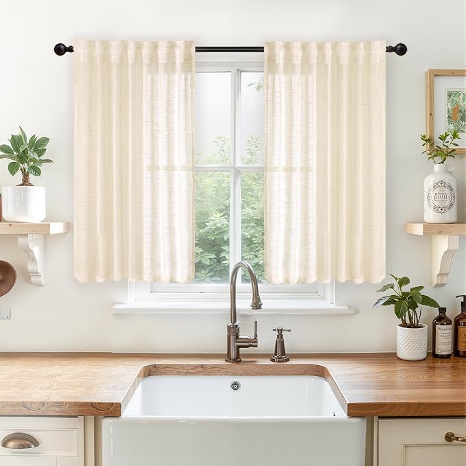 YoungsTex Linen Semi Sheer Curtains 40 Inch Length for Kitchen Window | Short Drapes with Back Tab Rod Pocket Lightweight for Bathroom Window Over Sink, Cream Beige, 2 Panels, 42 X 40 Inch