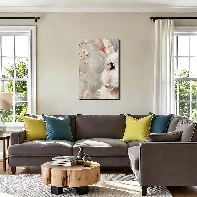 RIBNTAK Modern Easter Bunny Canvas Wall Art 12x18, Framed White Rabbit Canvas Prints Picture for Living Room Wall Decor, Simple Spring Artwork Painting for Fireplace,Bathroom, Bar, Office