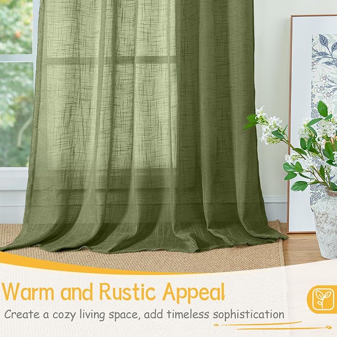 YoungsTex Green Linen Curtains, Olive Semi Sheer 84 Inches Long Drapes | Back Tab and Rod Pocket Lightweight for Bedroom Living Room Light Filtering, 2 Panels, 52 X 84 Inch