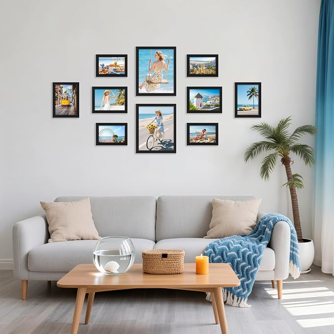 decorUhome 10 Pack Assorted Picture Frame Set for Wall & Tabletop, P0710BK | Black, Multi Size Picture Frame Includes Two 8x10 / Four 5x7 / Four 4x6 for Family Gallery Wall