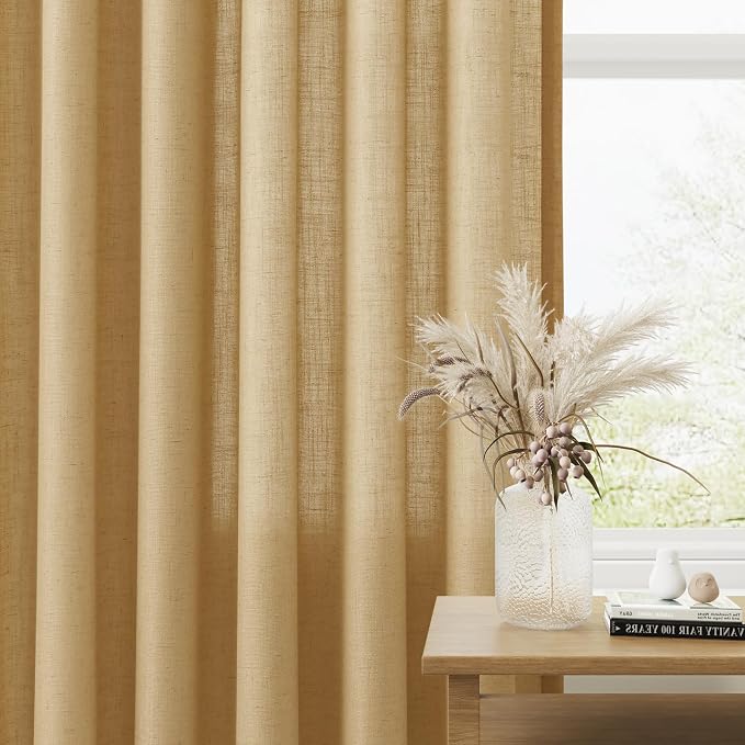 Gold Yellow Linen Curtains 84 Inches Long 2 Panel Set Rod Pocket Semi Sheer Dining Room Cozy Bedroom Decor Cotton Look Country Rustic Farmhouse Boho Curtains 52x84