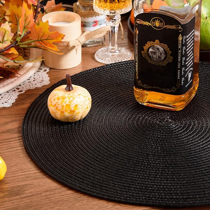 AHHFSMEI Round Placemats Set of 8 Heat Resistant Washable Non-Slip Woven Braided Table Mats for Dining Table Kitchen & Home Decor (Black,8)