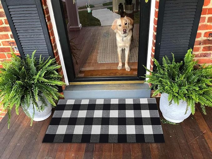 Ukeler Plaid Rugs Black and White Rug Cotton Hand-Woven Buffalo Check Rug for Front Porch Washable Kitchen Rugs and Mat, 51.2''×23.6''