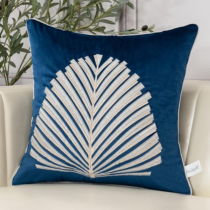 Aeckself 20 x 20 Inch Navy Blue Square Throw Pillow Cover Tree Leaves Embroidery Velvet Cushion Case Luxury Modern Pillowcase for Couch Living Room Bedroom Car 50 x 50cm